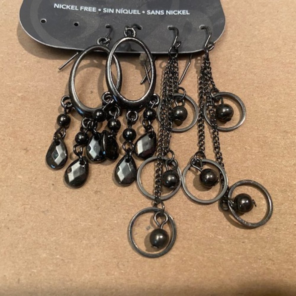 2 pair BLACK Earrings Dangle Pierced Nickel Free
